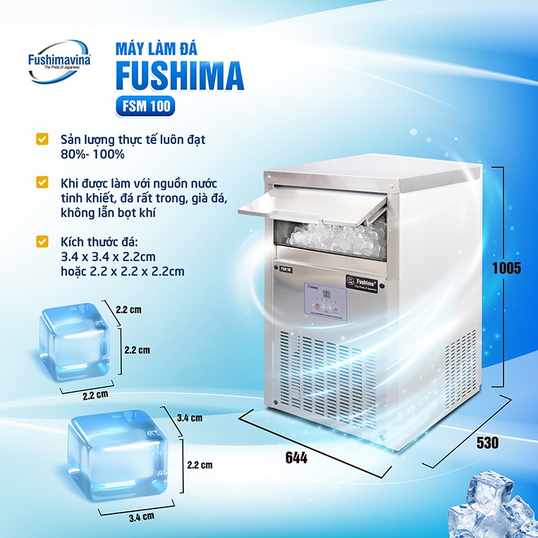 Đánh giá ưu điểm của máy làm đá viên 100kg/ngày Fushima