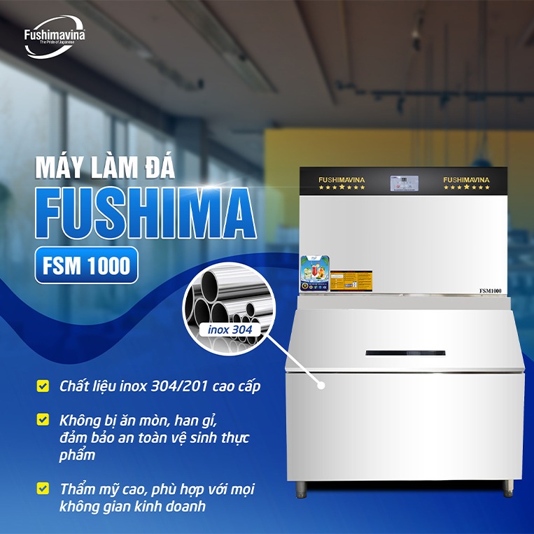 máy làm đá viên 1 tấn Fushima - Vỏ máy bằng chất liệu inox cao cấp Làm bằng chất liệu inox 304 cao cấp, an toàn, thẩm mỹ