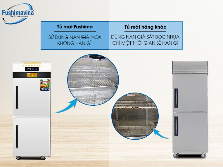 Nan giá sắt củ tủ mát Fushima với hãng khác